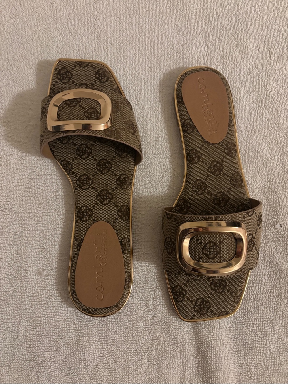 Arden B Brown Monogram Slide Sandals with Gold Buckle Accent